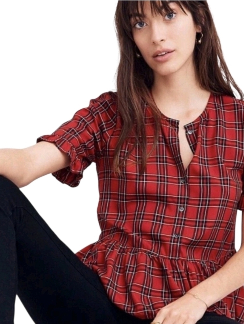 Madewell Studio Ruffle Hem Preppy Top In Clanton Plaid Red/Black. Size Medium
